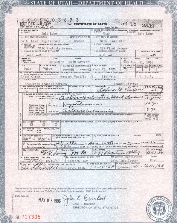 Fred H. Worsley Death Certificate