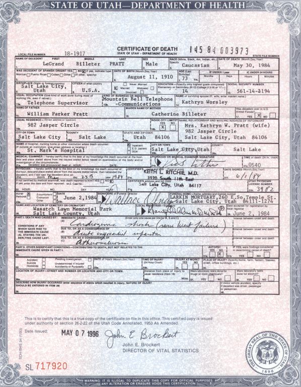 LeGrand B. Pratt Death Certificate